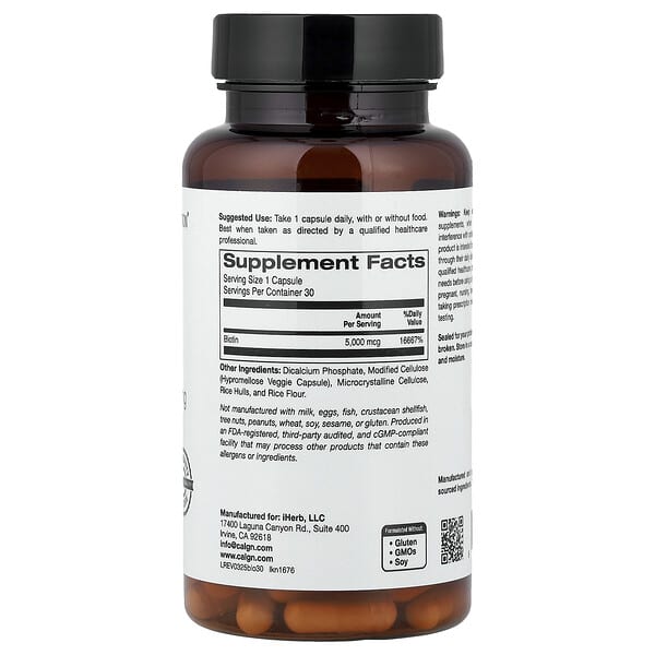Alternative view of California Gold Nutrition, Biotin, 5,000 mcg, 30 Veggie Capsules