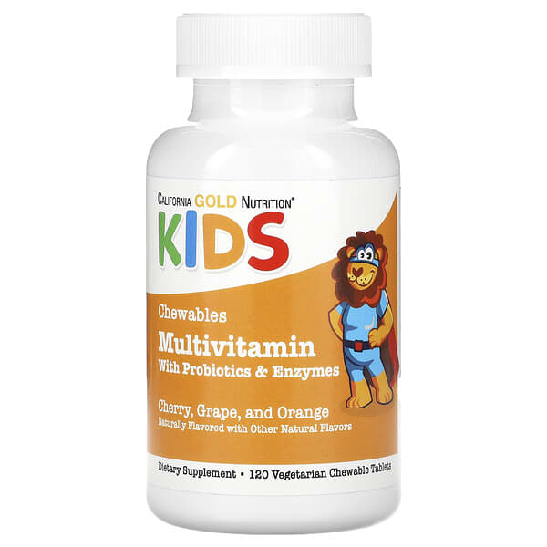 California Gold Nutrition, Chewable Multivitamins with Probiotics, Enzymes, Vitamin A and Vitamin C for Children, Assorted Fruit, 120 Vegetarian Tablets