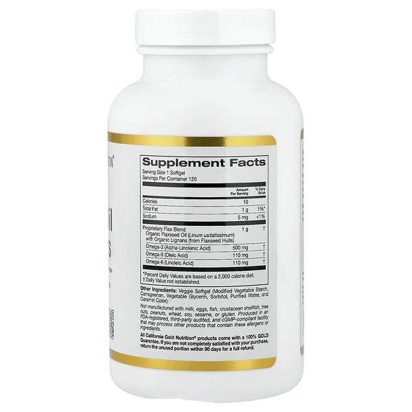 Alternative view of California Gold Nutrition, Cold Pressed Flaxseed Oil with Lignans, 120 Veggie Softgels (1 g per Softgel)