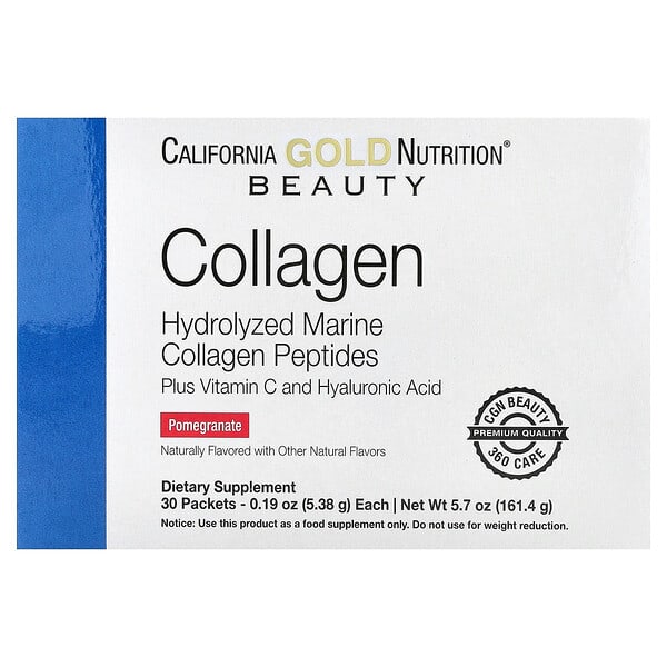 California Gold Nutrition, Collagen Peptides Plus Vitamin C & Hyaluronic Acid, Pomegranate, 30 Packets, 0.19 oz (5.38 g) Each