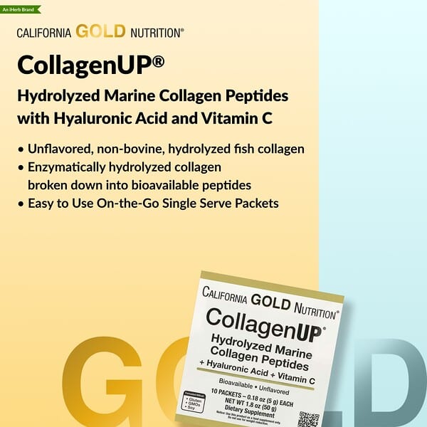 Alternative view of California Gold Nutrition, CollagenUP®, Hydrolyzed Marine Collagen Peptides with Hyaluronic Acid and Vitamin C, Unflavored, 10 Packets, 0.18 oz (5 g) Each