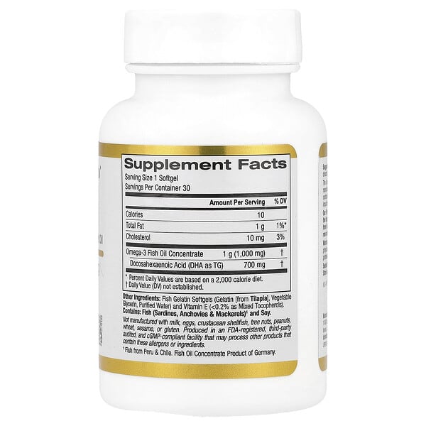 Alternative view of California Gold Nutrition, DHA 700 Fish Oil, Ultra-Concentrated, 1,000 mg, 30 Fish Gelatin Softgels