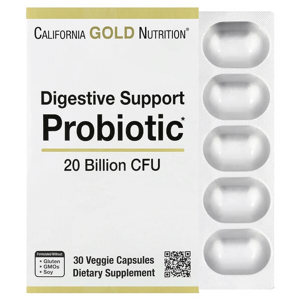 California Gold Nutrition, Digestive Support Probiotic, Probiotic & Prebiotic Blend with Lactobacillus rhamnosus GG, 20 Billion CFUs, 30 Veggie Capsules