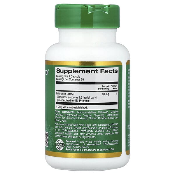 Alternative view of California Gold Nutrition, EuroHerbs™, Echinacea Herb Extract, Euromed Quality, 80 mg, 60 Veggie Capsules
