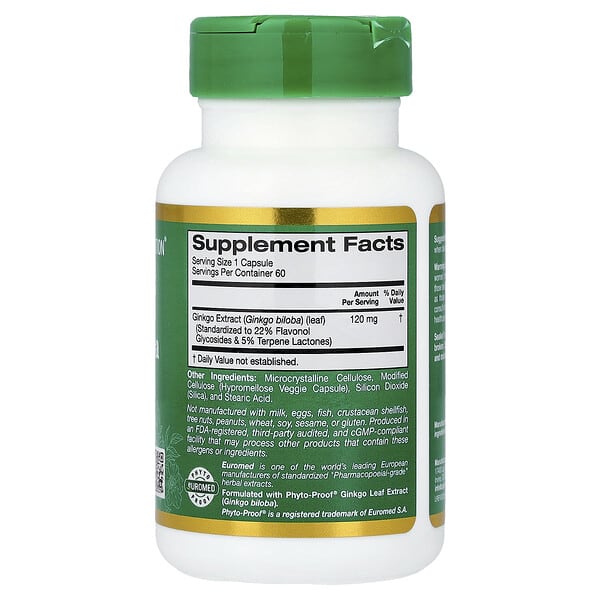 Alternative view of California Gold Nutrition, EuroHerbs™, Ginkgo Biloba Extract, Euromed Quality, 120 mg, 60 Veggie Capsules