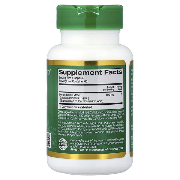 Alternative view of California Gold Nutrition, EuroHerbs™, Lemon Balm Extract, Euromed Quality, 500 mg, 60 Veggie Capsules