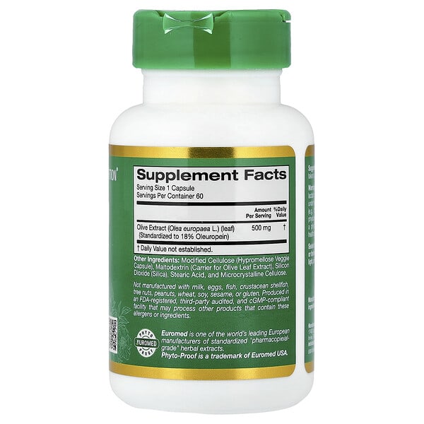 Alternative view of California Gold Nutrition, EuroHerbs™, Olive Leaf Extract, Euromed Quality, 500 mg, 60 Veggie Capsules