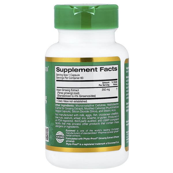 Alternative view of California Gold Nutrition, EuroHerbs®, Panax Ginseng Extract, Euromed Quality, 250 mg, 60 Veggie Capsules