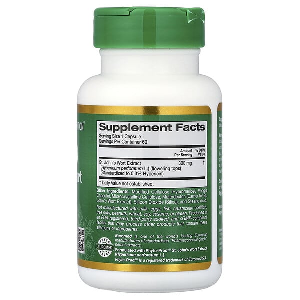 Alternative view of California Gold Nutrition, EuroHerbs™, St. John's Wort Extract, Euromed Quality, 300 mg, 60 Veggie Capsules