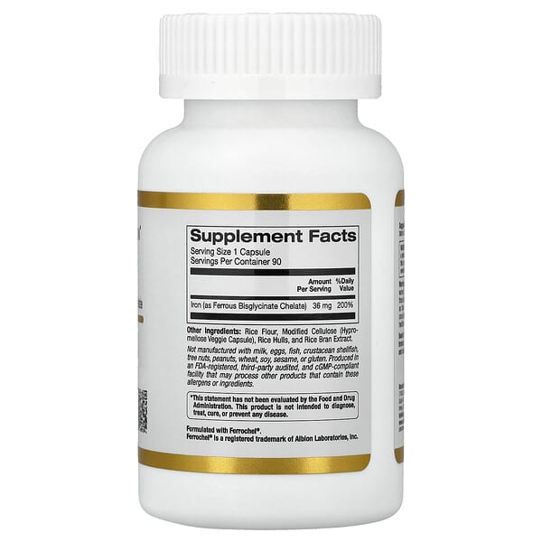 Alternative view of California Gold Nutrition, Ferrochel® Iron (Bisglycinate), 36 mg, 90 Veggie Capsules