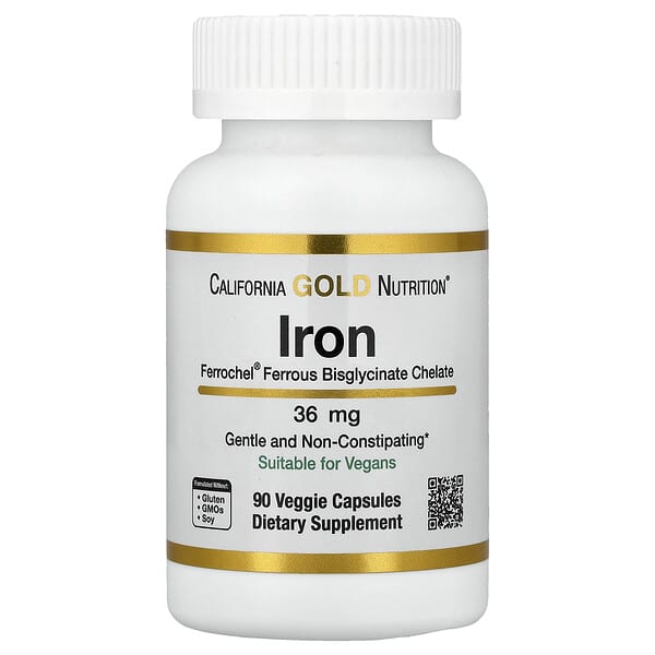 California Gold Nutrition, Ferrochel® Iron (Bisglycinate), 36 mg, 90 Veggie Capsules