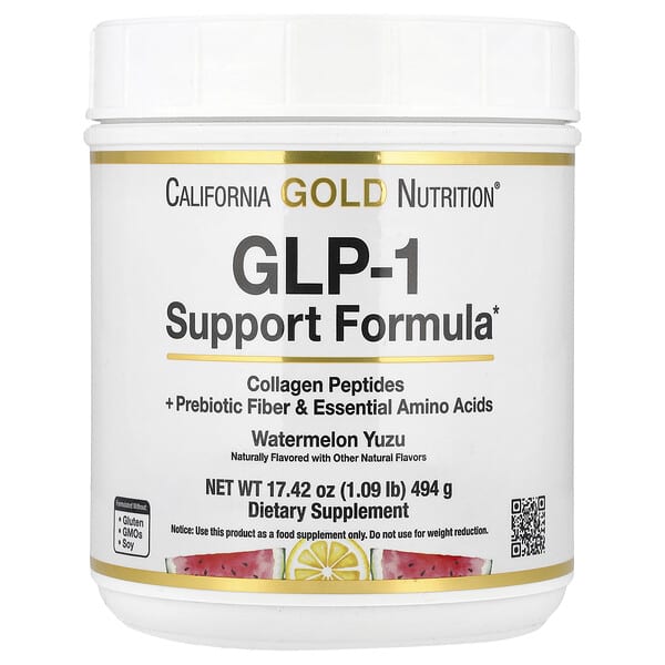 California Gold Nutrition, GLP-1 Support Formula with Collagen Peptides, Prebiotic Fiber & Essential Amino Acids, Watermelon Yuzu, 1.09 lb (494 g)
