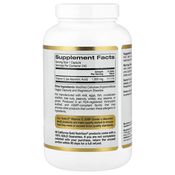 Alternative view of California Gold Nutrition, Gold C®, USP Grade Vitamin C, 1,000 mg, 240 Veggie Capsules