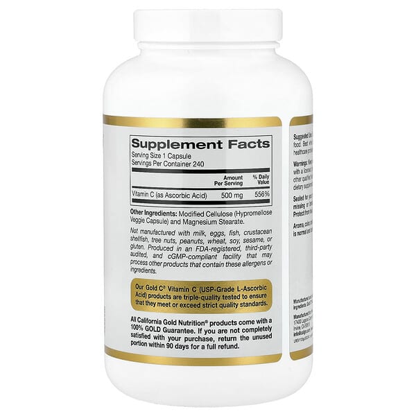 Alternative view of California Gold Nutrition, Gold C®, USP Grade Vitamin C, 500 mg, 240 Veggie Capsules