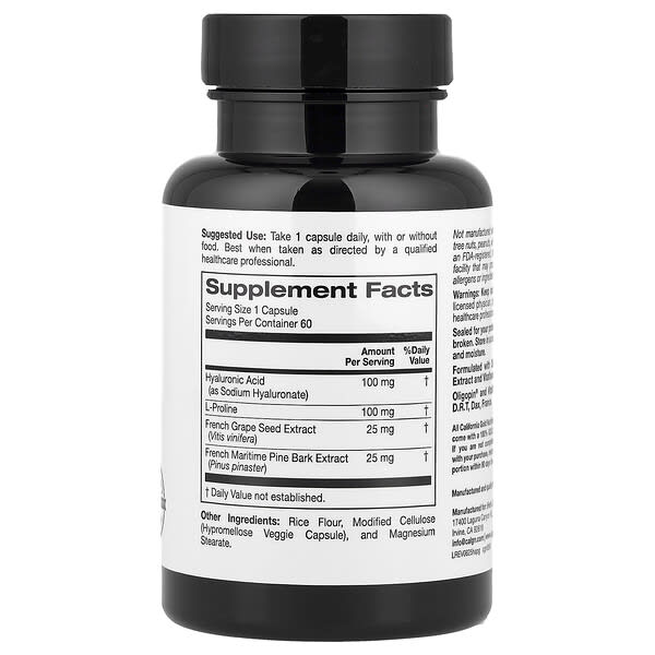 Alternative view of California Gold Nutrition, Hyaluronic Acid Complex with L-Proline, French Grape Seed and French Maritime Pine Bark Extract, 60 Veggie Capsules