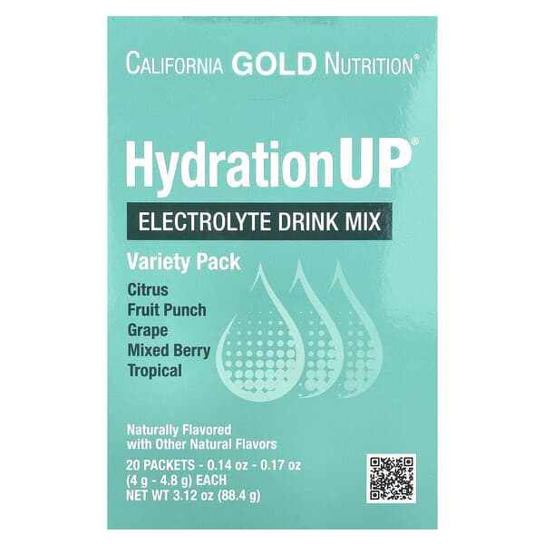California Gold Nutrition, HydrationUP®, Electrolyte Drink Mix with Calcium Lactate, Vitamins C & E, Variety Pack, 20 Packets, 0.14 oz - 0.17 oz (4 g - 4.8 g) Each