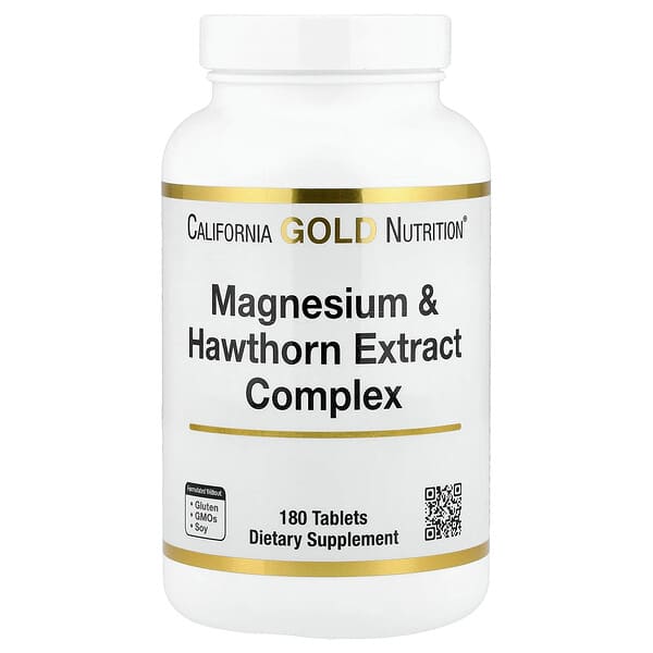 California Gold Nutrition, Magnesium & Hawthorn Extract Complex with Taurine, Coleus forskohlii Extract, and Hops, 180 Tablets