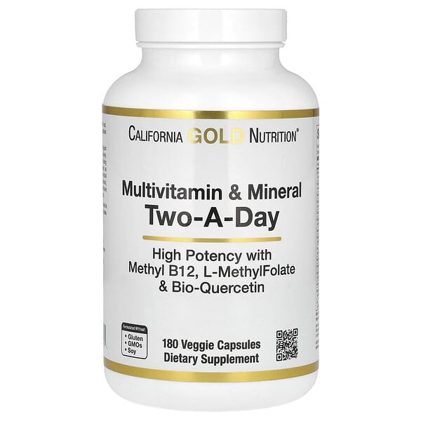 California Gold Nutrition, Multivitamin and Mineral with Methyl B12, Vitamin C, L-MethylFolate and Bio-Quercetin, Two-A-Day, 180 Veggie Capsules