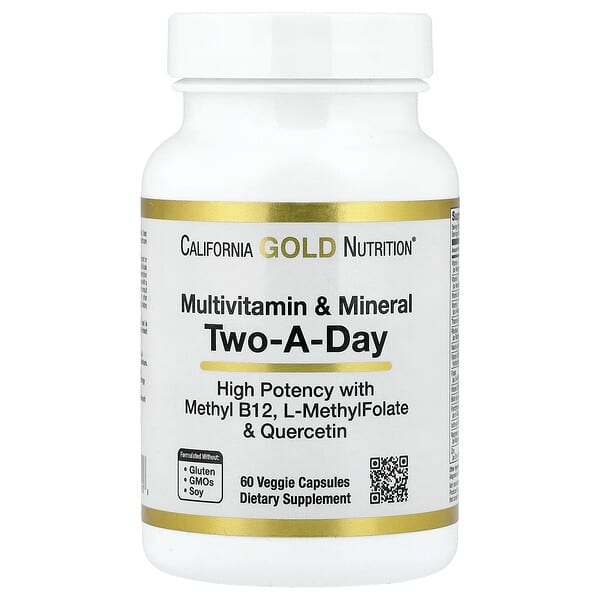 California Gold Nutrition, Multivitamin and Mineral with Methyl B12, Vitamin C, L-MethylFolate and Bio-Quercetin, Two-A-Day, 60 Veggie Capsules