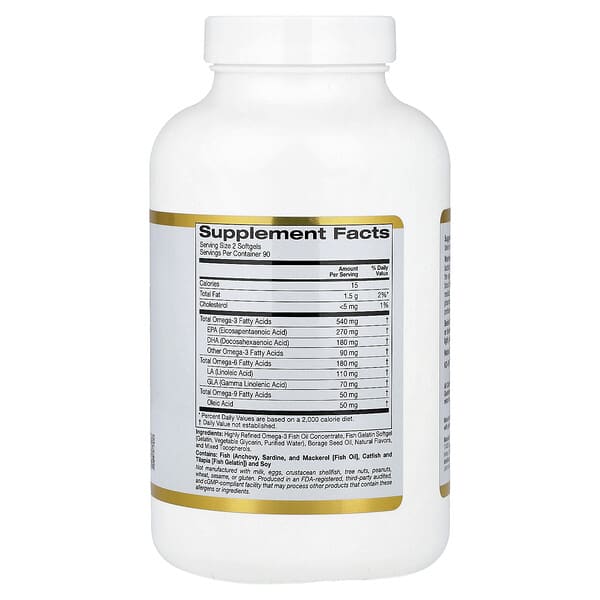 Alternative view of California Gold Nutrition, Omega 3-6-9s, with Omega-3 Fish Oil and Borage Seed Oil, EPA, DHA, GLA, and Linoleic Acid, Natural Lemon, 180 Fish Gelatin Softgels