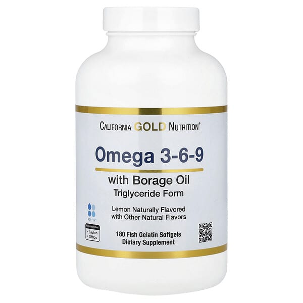 California Gold Nutrition, Omega 3-6-9s, with Omega-3 Fish Oil and Borage Seed Oil, EPA, DHA, GLA, and Linoleic Acid, Natural Lemon, 180 Fish Gelatin Softgels