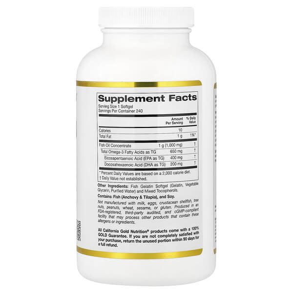 Alternative view of California Gold Nutrition, Omega-3 Fish Oil, Vivomega Triglyceride, 1,000 mg, 240 Fish Softgels