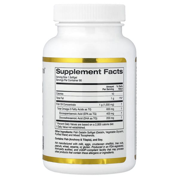 Alternative view of California Gold Nutrition, Omega-3 Fish Oil, Vivomega Triglyceride, 1,000 mg, 90 Fish Gelatin Softgels