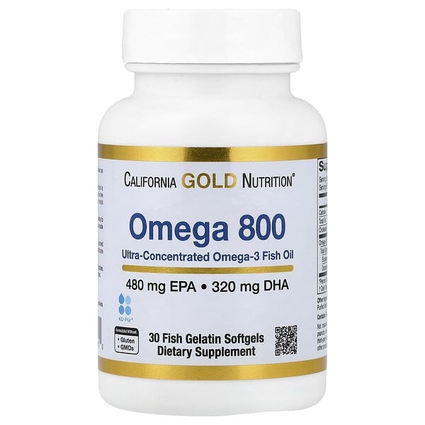California Gold Nutrition, Omega 800 Ultra-Concentrated Omega-3 Fish Oil, kd-pur® Triglyceride Form, 30 Fish Gelatin Softgels (1,000 mg per Softgel)