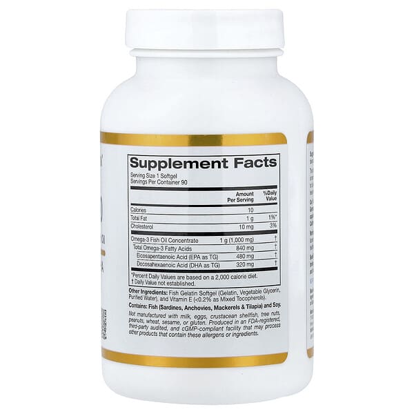Alternative view of California Gold Nutrition, Omega 800 Ultra-Concentrated Omega-3 Fish Oil, kd-pur Triglyceride Form, 90 Fish Gelatin Softgels (1,000 mg per Softgel)