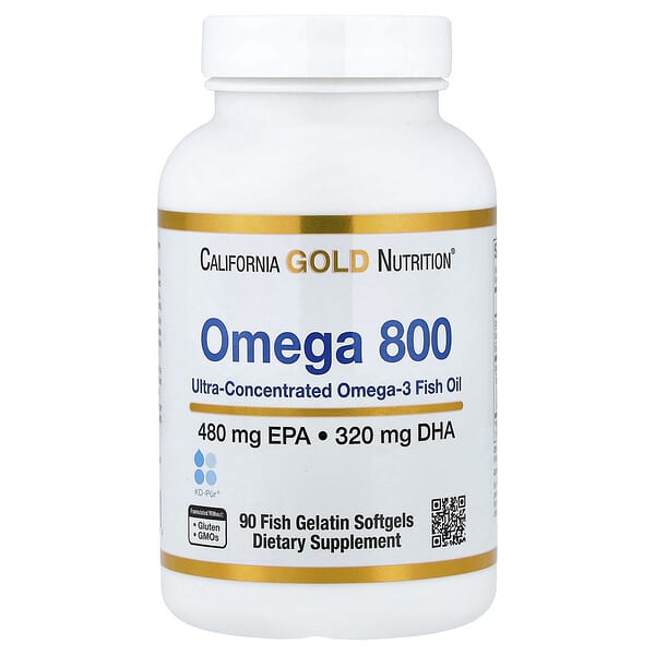 California Gold Nutrition, Omega 800 Ultra-Concentrated Omega-3 Fish Oil, kd-pur Triglyceride Form, 90 Fish Gelatin Softgels (1,000 mg per Softgel)