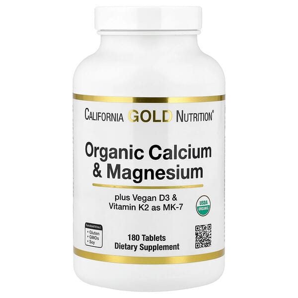 California Gold Nutrition, Organic Calcium & Magnesium Plus D3 & K2, 180 Tablets