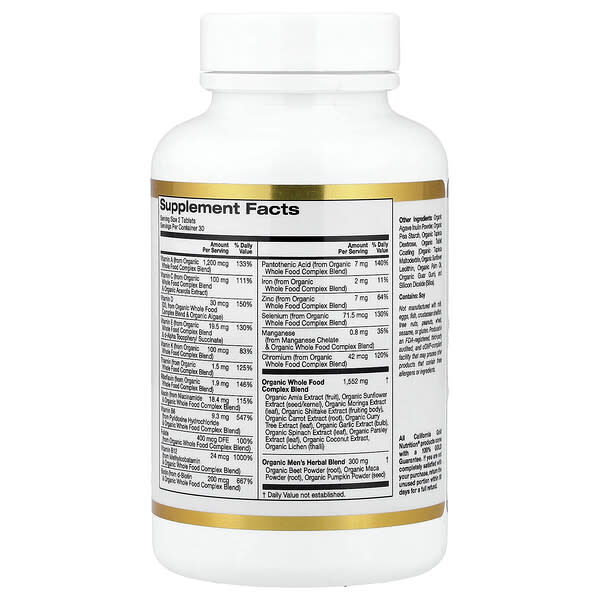Alternative view of California Gold Nutrition, Organic Whole Food Men's 40+ Multivitamin with Organic Amla Extract, Organic Sunflower Extract, Organic Moringa Extract, and Organic Shiitake Extract , 60 Tablets