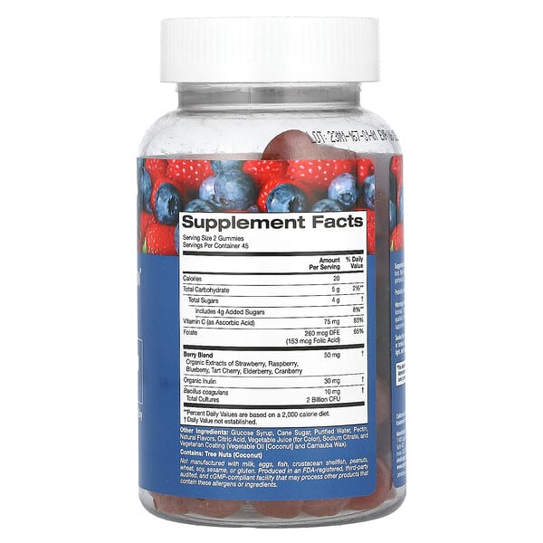 Alternative view of California Gold Nutrition, Probiotic with Inulin Gummies with Vitamin C, Folate, Berry Extract Blend and Organic Inulin, Natural Mixed Berry, 90 Vegetarian Gummies