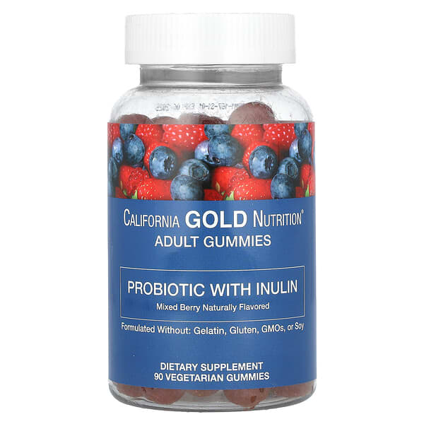 California Gold Nutrition, Probiotic with Inulin Gummies with Vitamin C, Folate, Berry Extract Blend and Organic Inulin, Natural Mixed Berry, 90 Vegetarian Gummies