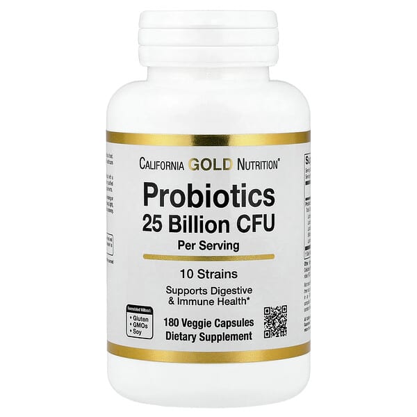 California Gold Nutrition, Probiotics with Lactobacillus acidophilus, Bifidobacterium lactis, Lactobacillus plantarum, and Lactobacillus casei, 10 Strain Blend, 25 Billion CFU, 180 Veggie Capsules