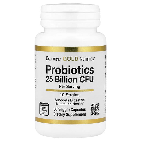 California Gold Nutrition, Probiotics with Lactobacillus acidophilus, Bifidobacterium lactis, Lactobacillus plantarum, and Lactobacillus casei, 10 Strain Blend, 25 Billion CFU, 60 Veggie Capsules