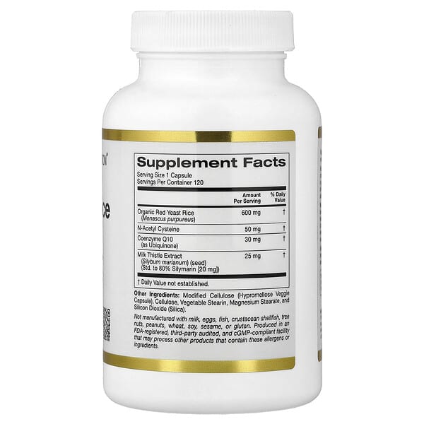 Alternative view of California Gold Nutrition, Red Yeast Rice Complex with Organic Red Yeast Rice, N-Acetyl Cysteine, Coenzyme Q10, and Milk Thistle Extract, 120 Veggie Capsules