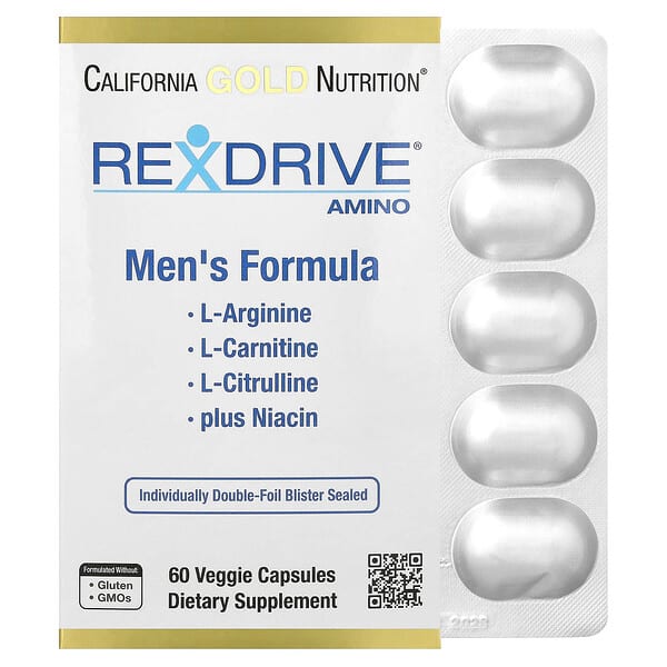 California Gold Nutrition, Rexdrive™ Amino with L-Arginine HCl, L-Citrulline, Acetyl-L-Carnitine Arginate DiHydrochloride, and Glycine Propionyl-L-Carnitine HCl, Men's Formula, 60 Veggie Capsules