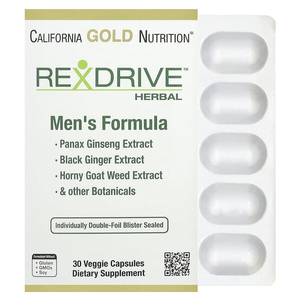California Gold Nutrition, Rexdrive™ Men's Herbal Performance Formula with Panax Ginseng, Black Ginger, and Horny Goat Weed Extracts plus Botanical Blends, 30 Veggie Capsules