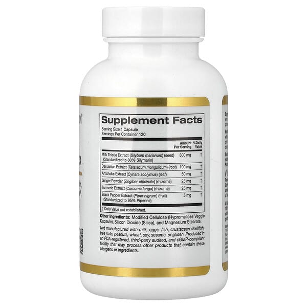 Alternative view of California Gold Nutrition, Silymarin Complex, Milk Thistle Extract Plus Dandelion, Artichoke, Curcumin C3 Complex®, Ginger, and BioPerine®, 120 Veggie Capsules