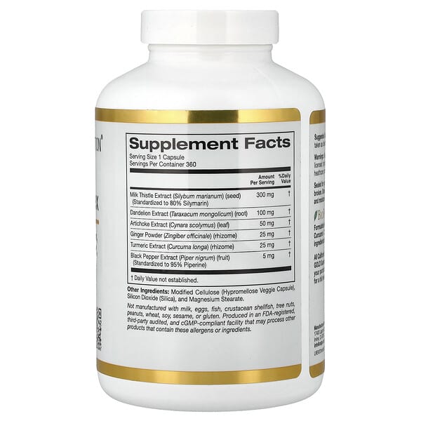 Alternative view of California Gold Nutrition, Silymarin Complex with Milk Thistle Extract Plus Dandelion, Artichoke, Ginger, and BioPerine®, 360 Veggie Capsules