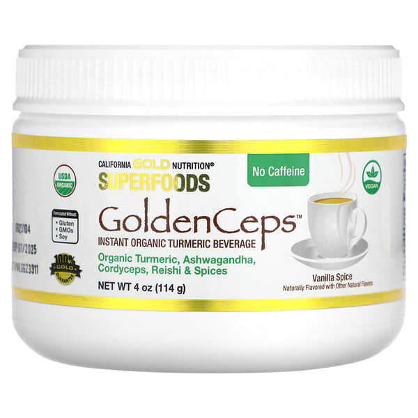 California Gold Nutrition, Superfoods, GoldenCeps, Organic Turmeric with Ashwagandha, Cordyceps, and Reishi, 4 oz (114 g)