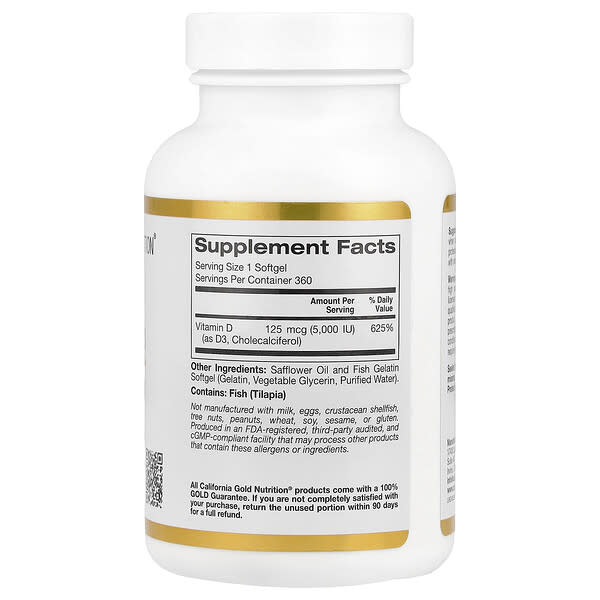 Alternative view of California Gold Nutrition, Vitamin D3, 125 mcg (5,000 IU), 360 Fish Gelatin Softgels
