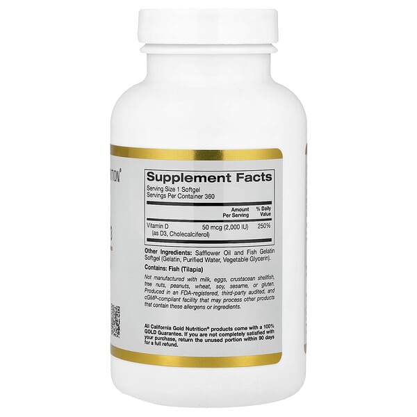 Alternative view of California Gold Nutrition, Vitamin D3, 50 mcg (2,000 IU), 360 Fish Gelatin Softgels