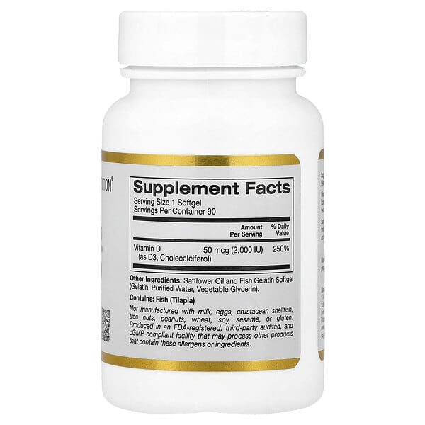 Alternative view of California Gold Nutrition, Vitamin D3, 50 mcg (2,000 IU), 90 Fish Gelatin Softgels
