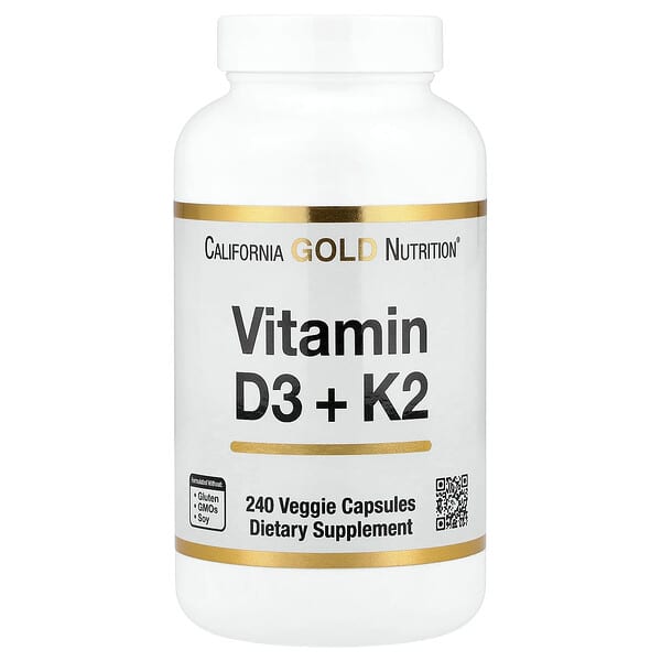 California Gold Nutrition, Vitamin D3 + K2, 240 Veggie Capsules