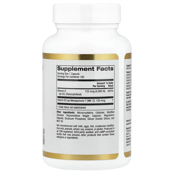 Alternative view of California Gold Nutrition, Vitamin D3 + K2 as MK-7, 180 Veggie Capsules