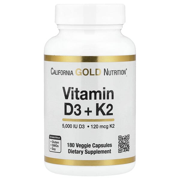 California Gold Nutrition, Vitamin D3 + K2 as MK-7, 180 Veggie Capsules