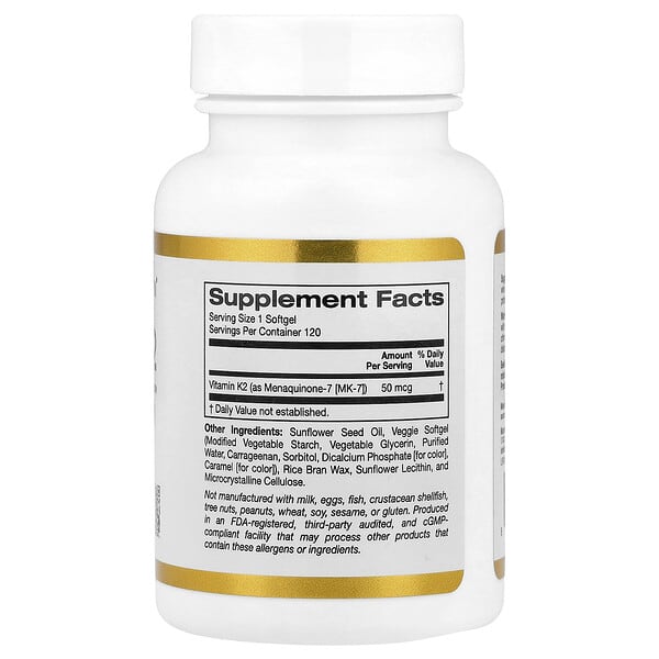 Alternative view of California Gold Nutrition, Vitamin K2 (as Menaquinone-7), 50 mcg , 120 Veggie Softgels