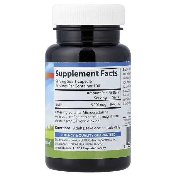 Alternative view of Carlson, Biotin, 5,000 mcg, 100 Capsules